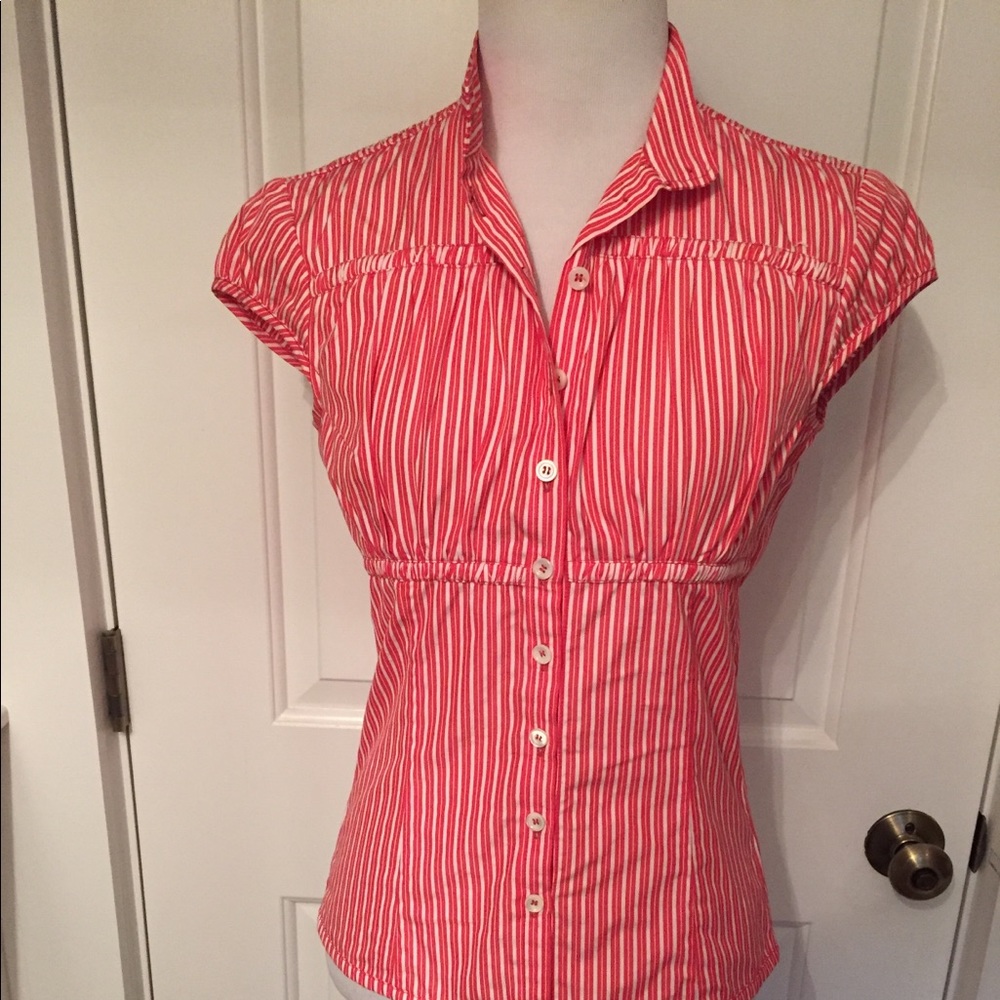 RENE LEZARD TOP BLOUSE RED WHITE STRIPE FITTED BUTTON FRONT Size 2 34 XS